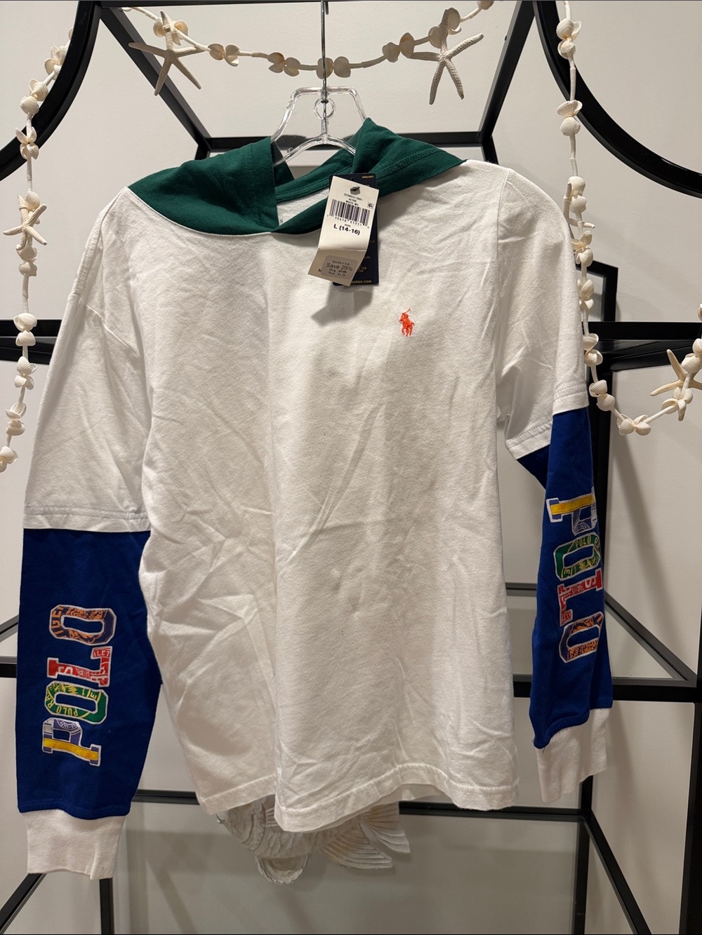 Ralph Lauren White Long-Sleeve Hoodie Tee with Green Hood